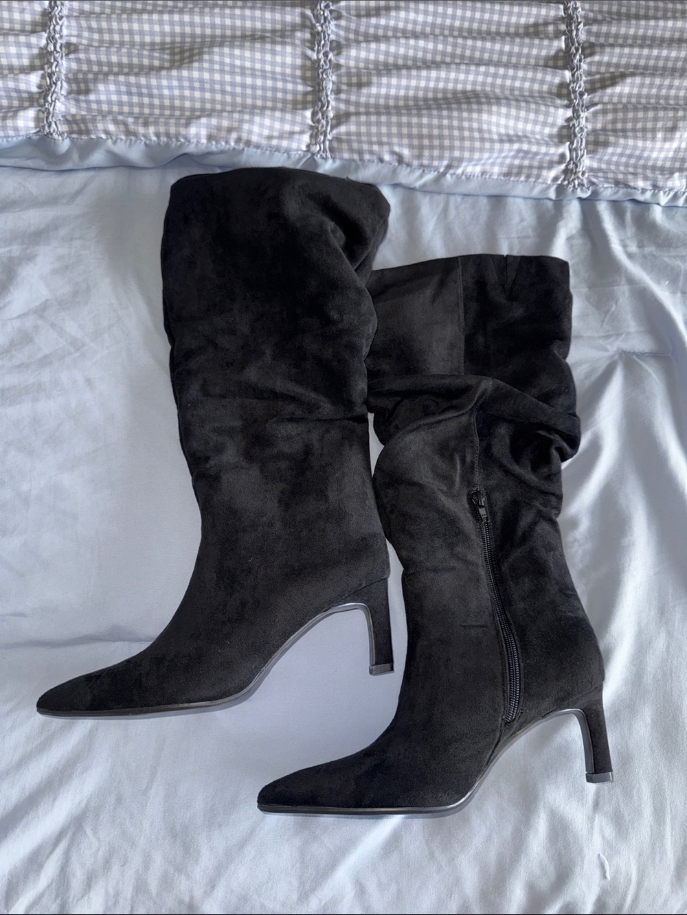 Classic Black Suede Mid Heel Slouch Knee Boots